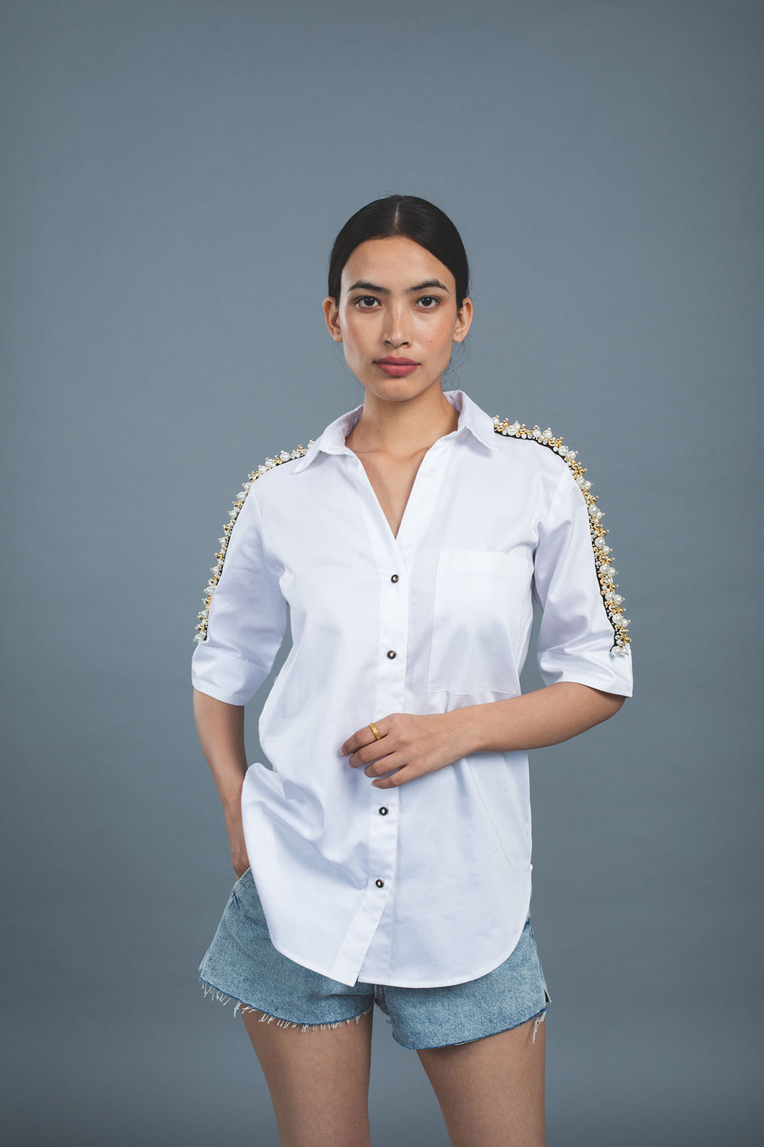 White Audrey Pearl Ribbon Shirt