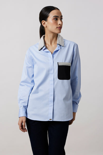 Sky Blue Pearl Collar Pocket Shirt