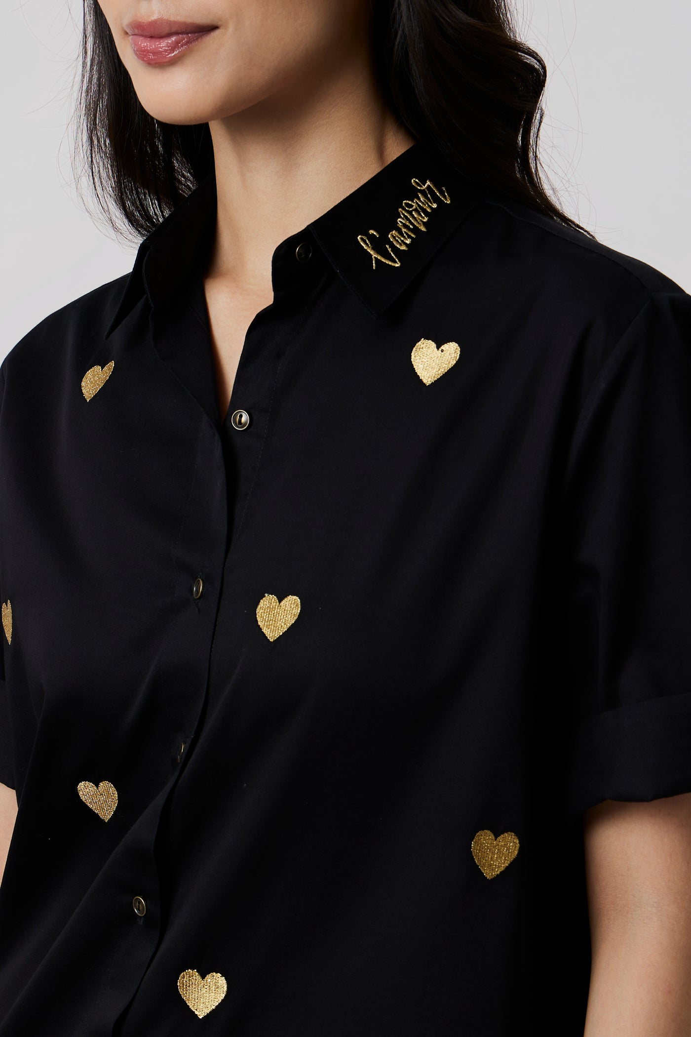 Black Metallic Heart Embroidered Shirt
