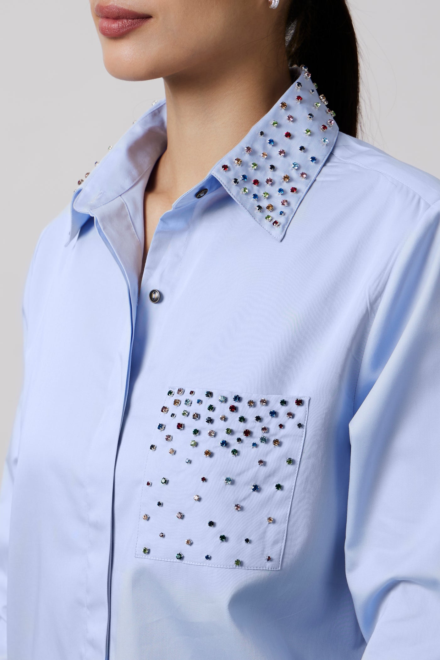 Sky Blue Multicolour Swarovski Studs Full Sleeve Shirt
