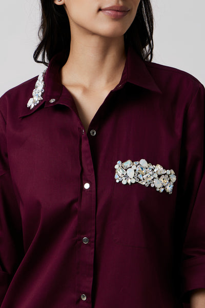 Burgandy Collar Pocket Swarovski Shirt Dress