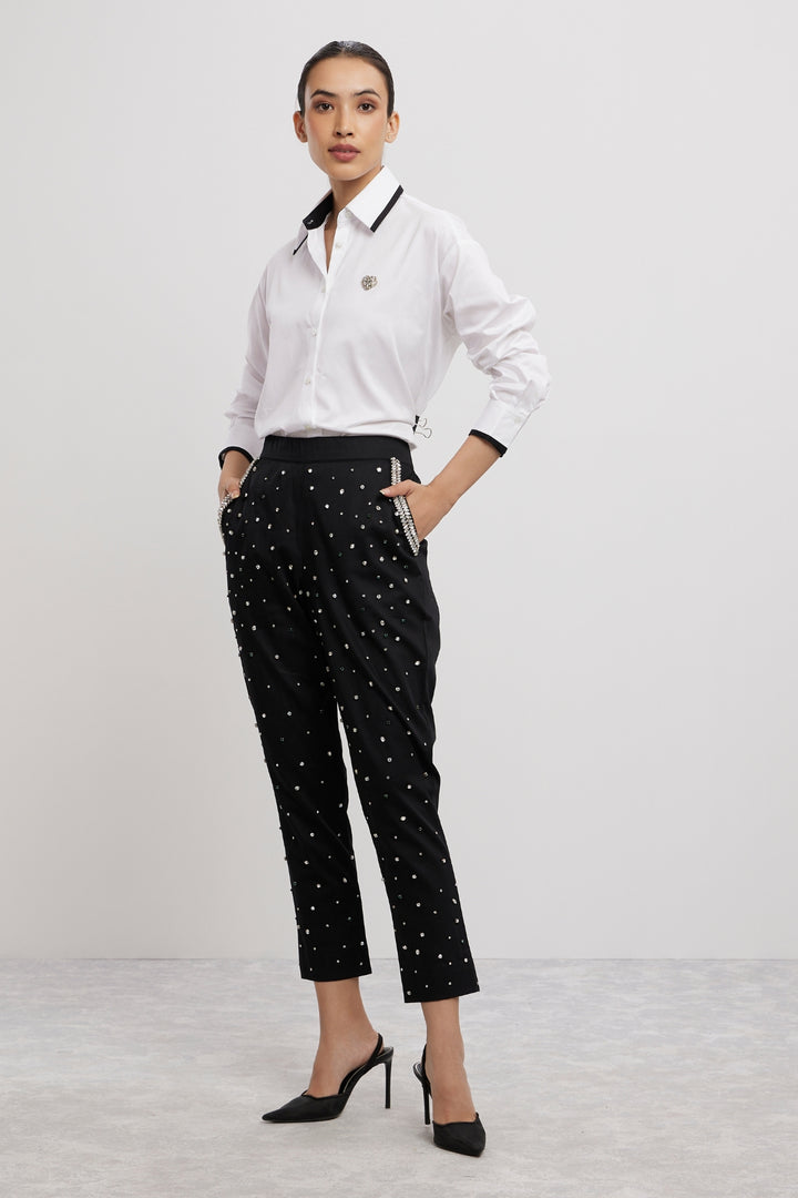 WHITE TUXEDO SMALL SWAROVSKI HEART SHIRT WITH SWAROVSKI PANTS - PALLAVI SWADI  