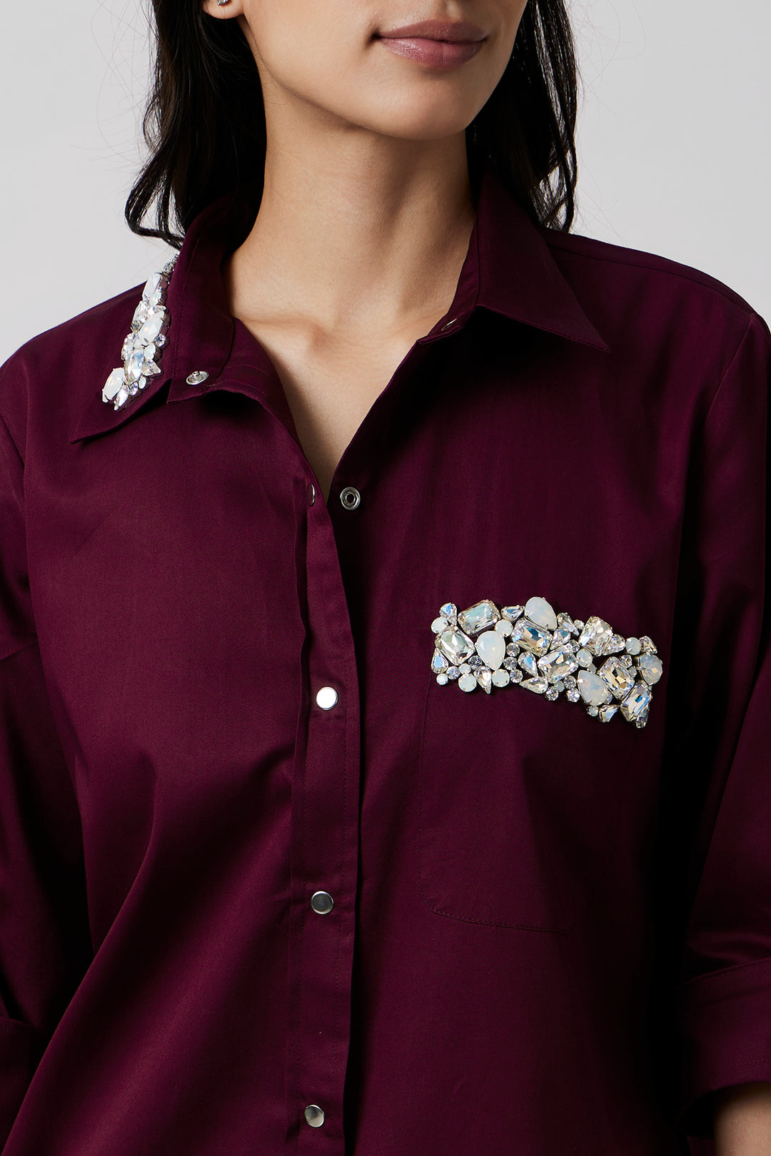 Burgundy Collar Pocket Swarovski Shirt Dress