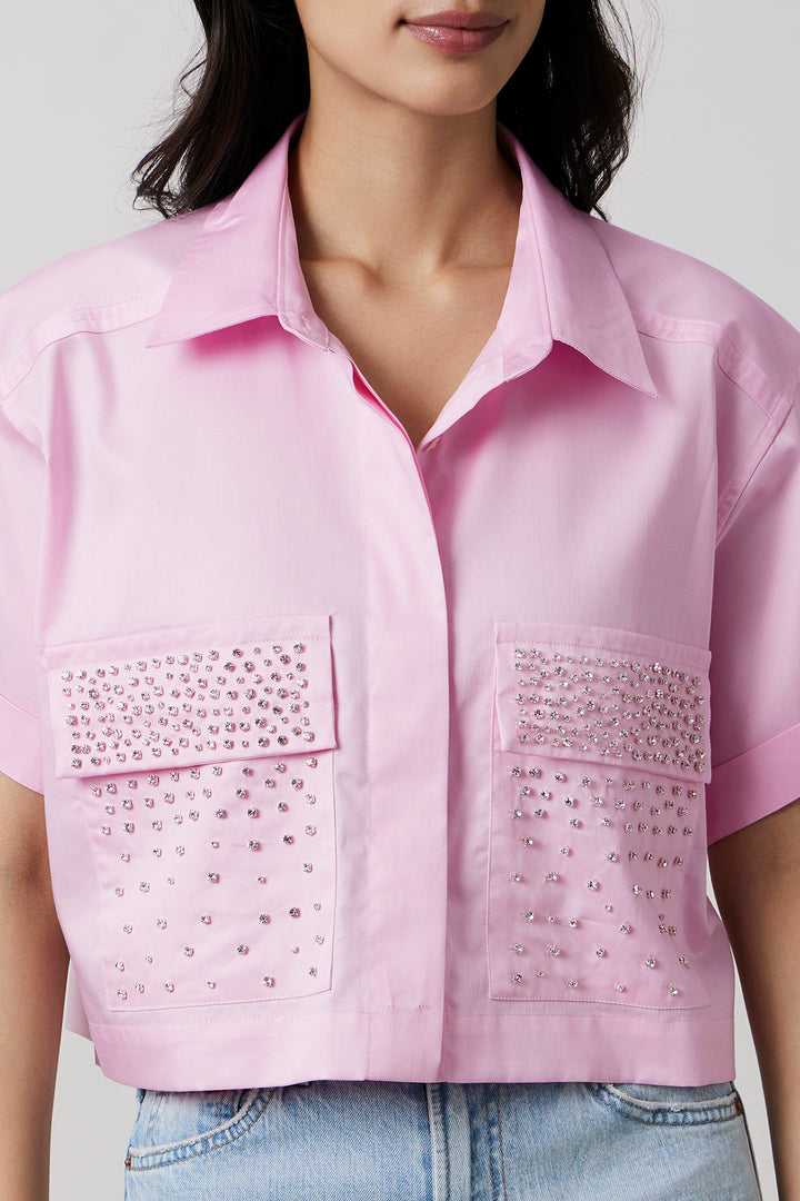 Pastel Pink Crop Shirt with Swarovski Studs