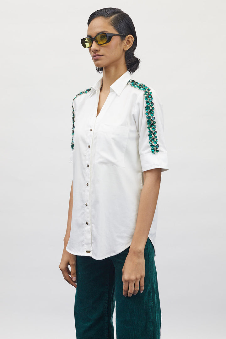 White Swarovski Emerald Ribbon Shirt