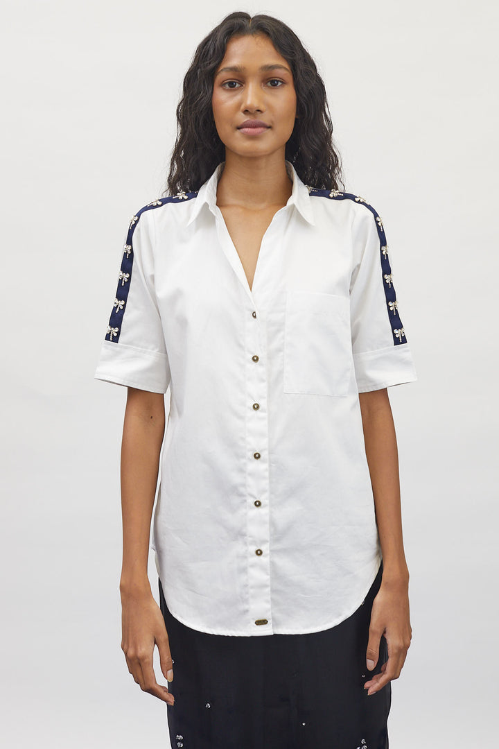 White Dragonfly Crystal Ribbon Shirt