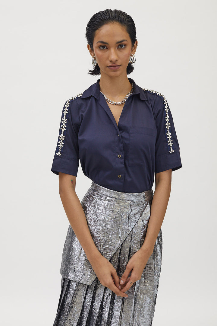 Navy Flower Crystal Ribbon Shirt