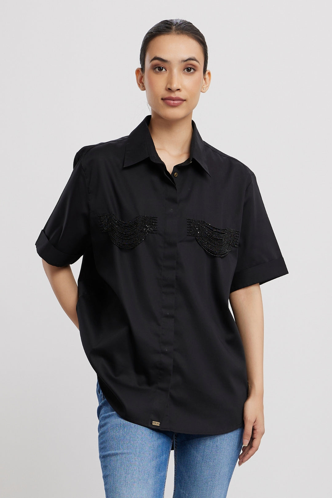 2 POCKET BLACK FRINGE SHIRT - PALLAVI SWADI  