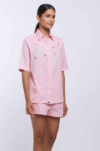Peach Stripe Multicoloured Dragonfly Shorts Co-ord Shirt