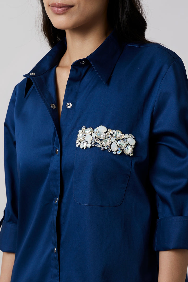 Midnight Blue Pocket Swarovski Shirt Dress