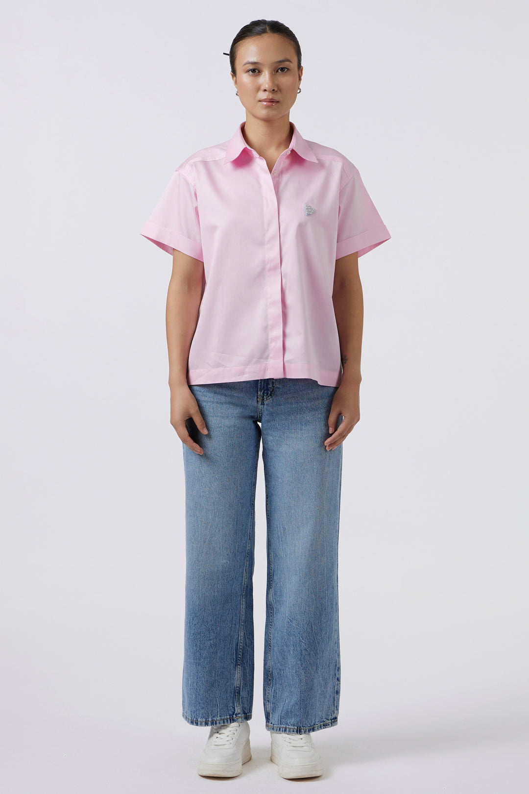 PEARL HEART PASTEL PINK CROP SHIRT