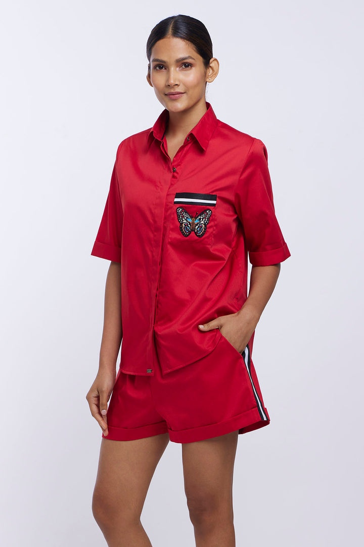 PLV Garden Red Butterfly Shirt Shorts Co-ord Set