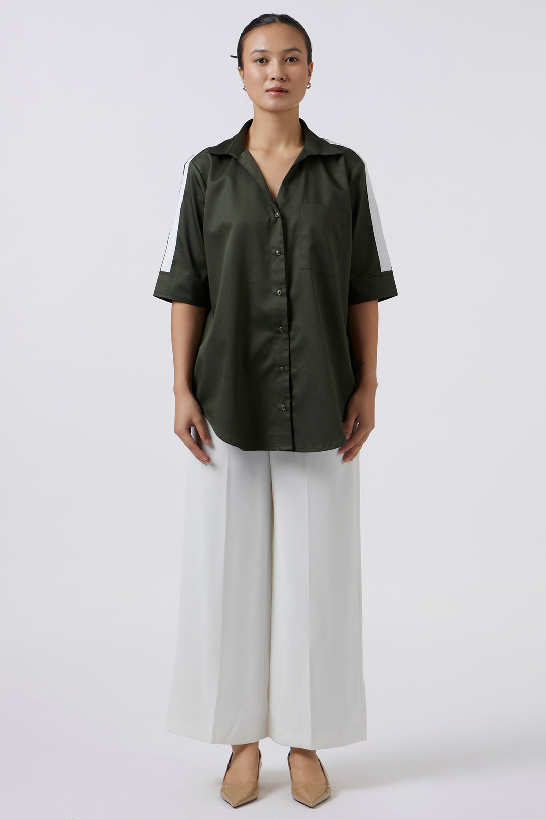 OLIVE WHITE RIBBON SHIRT