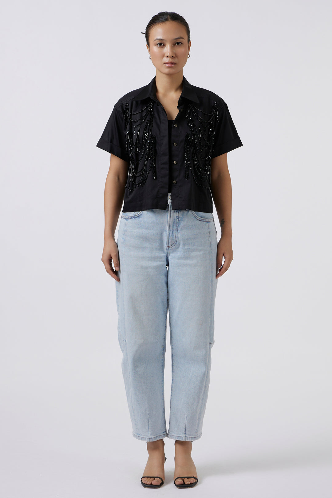 BLACK FRINGE CROP SHIRT