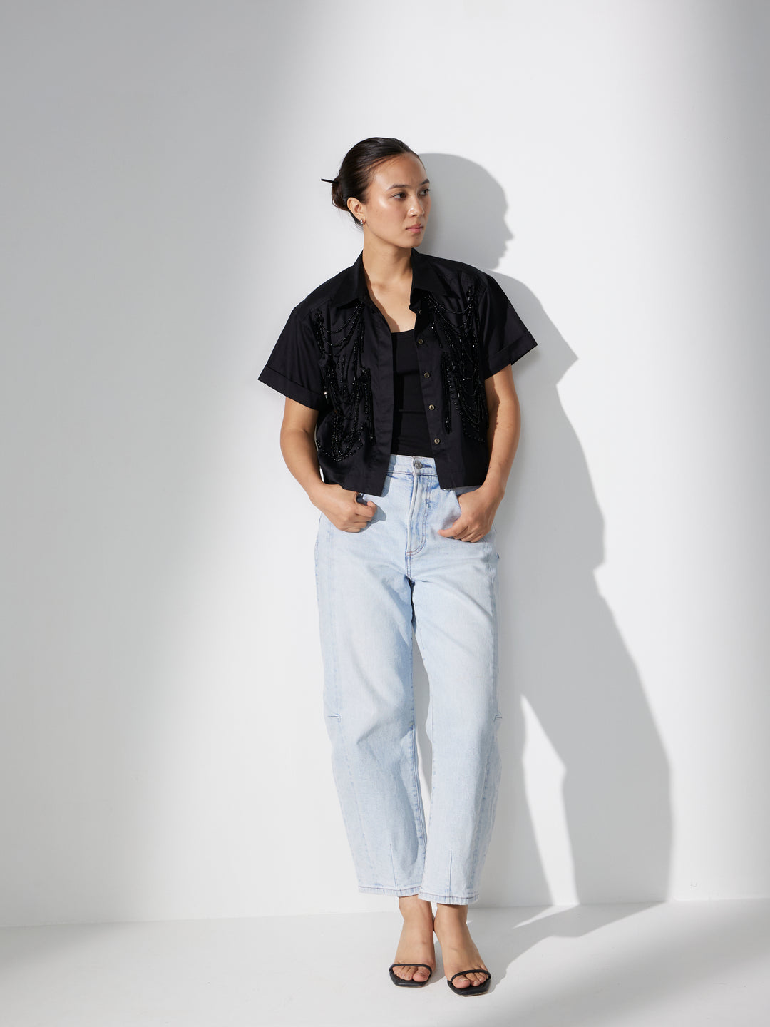 BLACK FRINGE CROP SHIRT