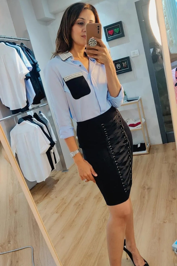 Sky Blue Pearl Collar Pocket Shirt