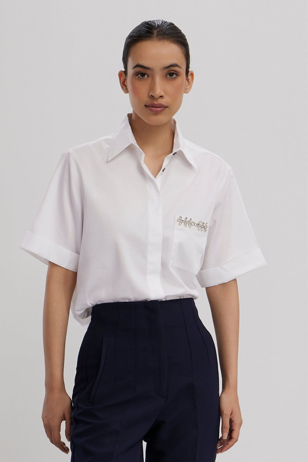 WHITE SWAROVSKI FLOWER STRIP SHIRT - PALLAVI SWADI  