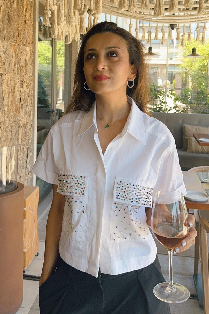 White Crop Shirt with Multicolour Swarovski Studs