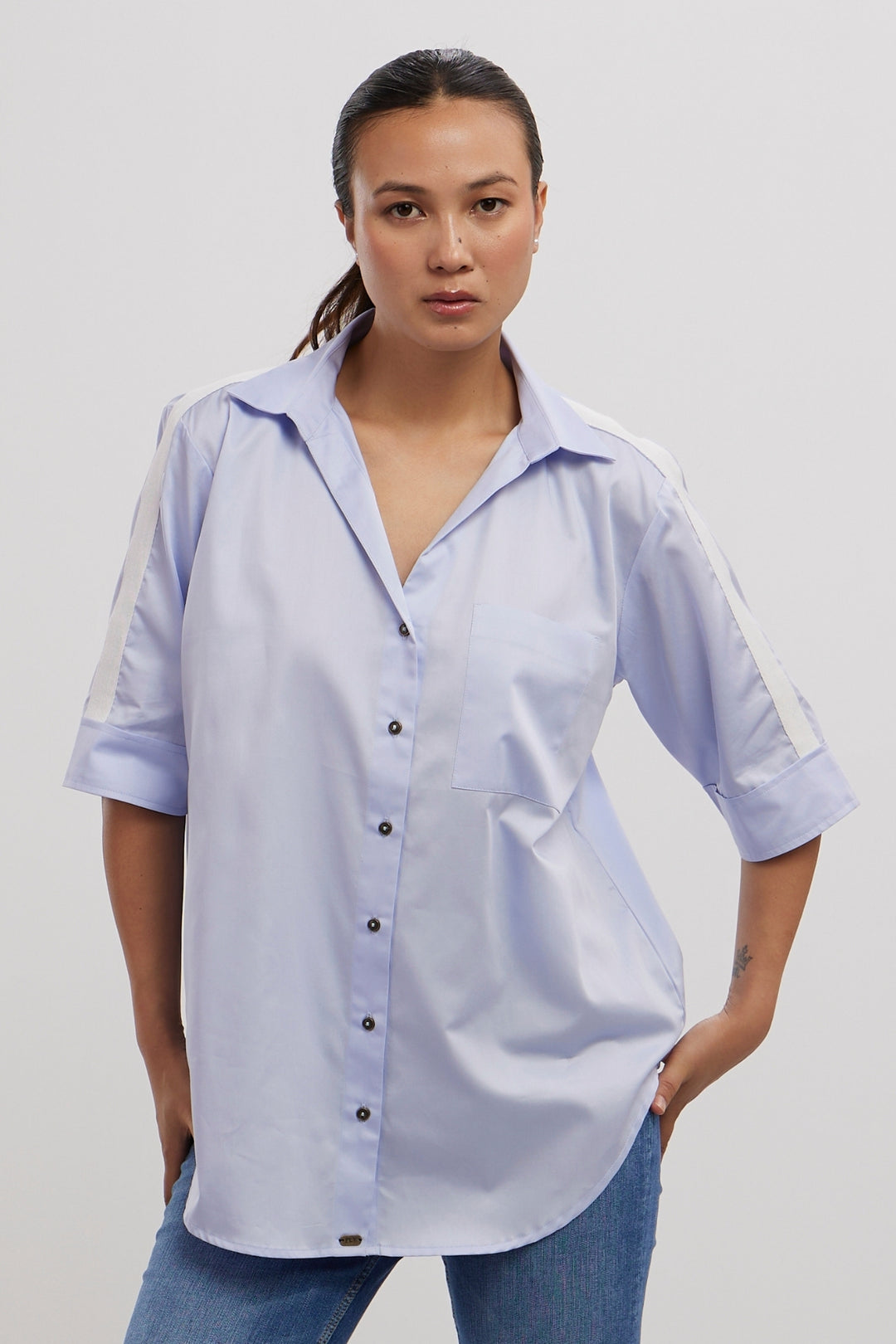 SKY BLUE WHITE RIBBON SHIRT - PALLAVI SWADI  