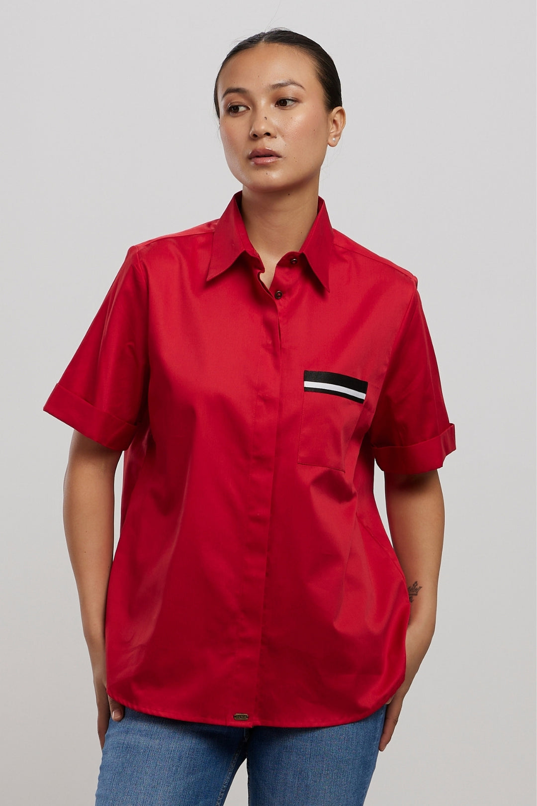 CLASSIC RED SHIRT WITH BLACK POCKET RIBBON - PALLAVI SWADI  