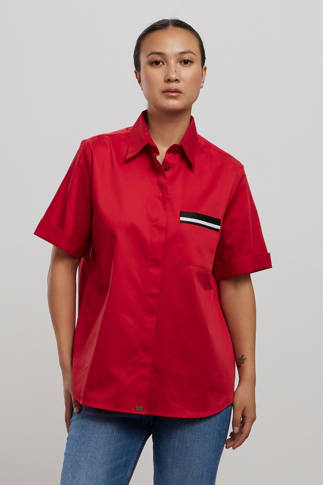 CLASSIC RED SHIRT WITH BLACK POCKET RIBBON - PALLAVI SWADI  
