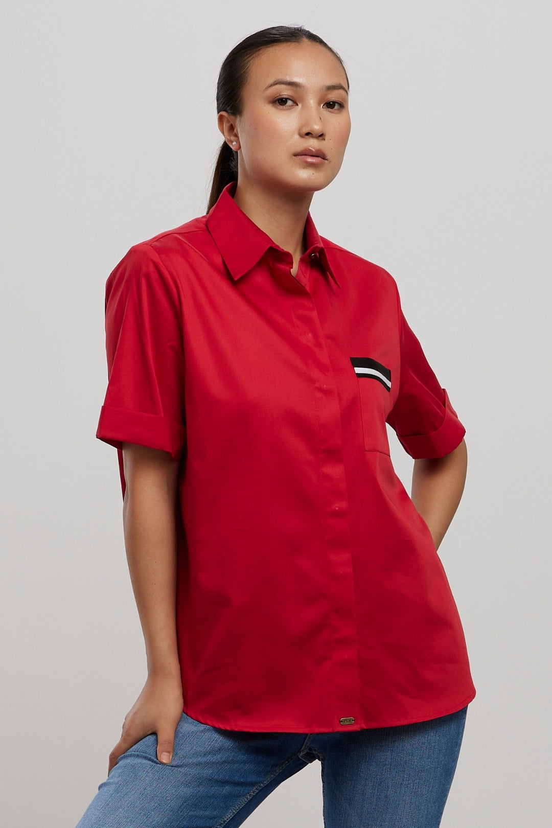 CLASSIC RED SHIRT WITH BLACK POCKET RIBBON - PALLAVI SWADI  
