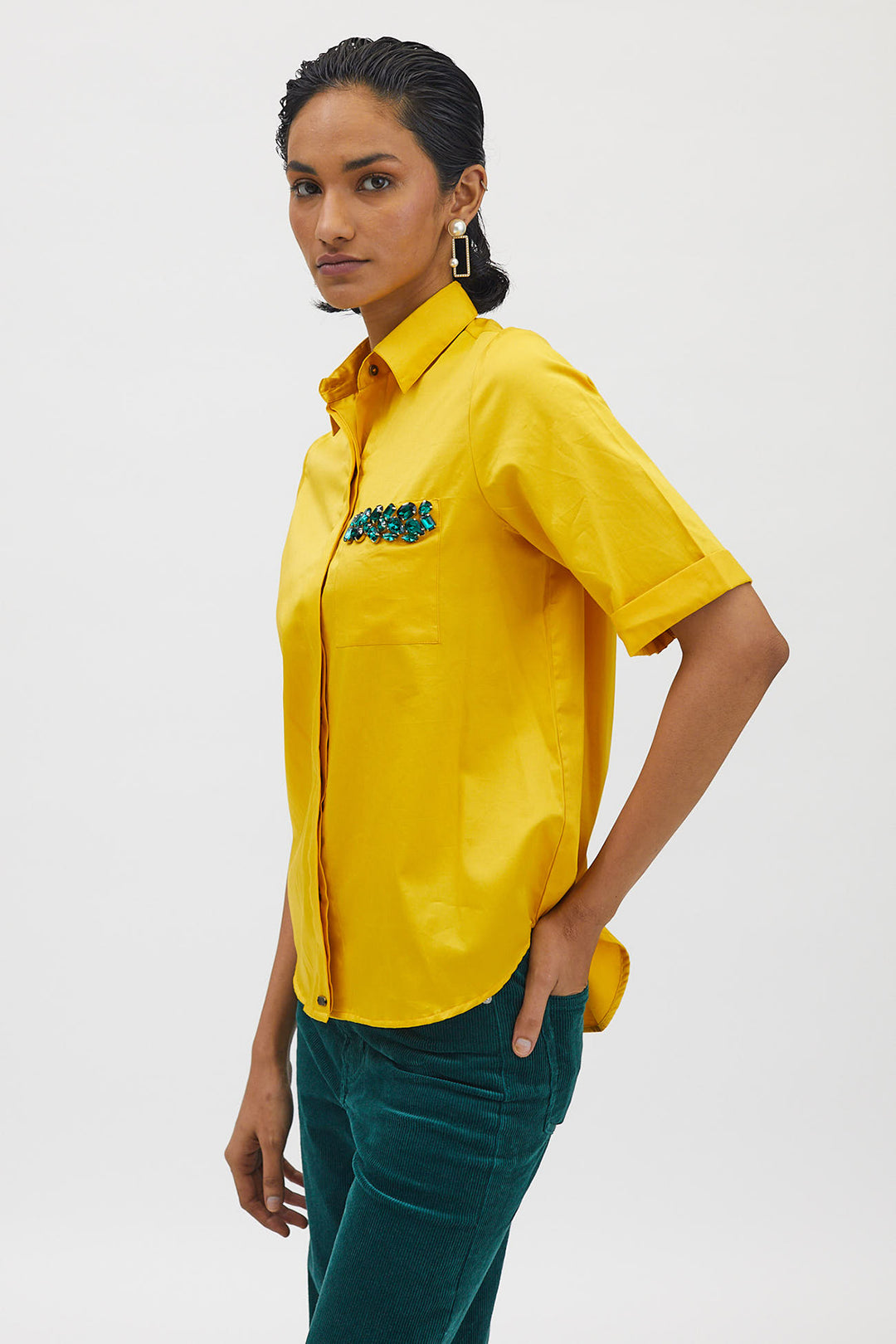 Canary Yellow Emerald Pocket Swarovski Shirt