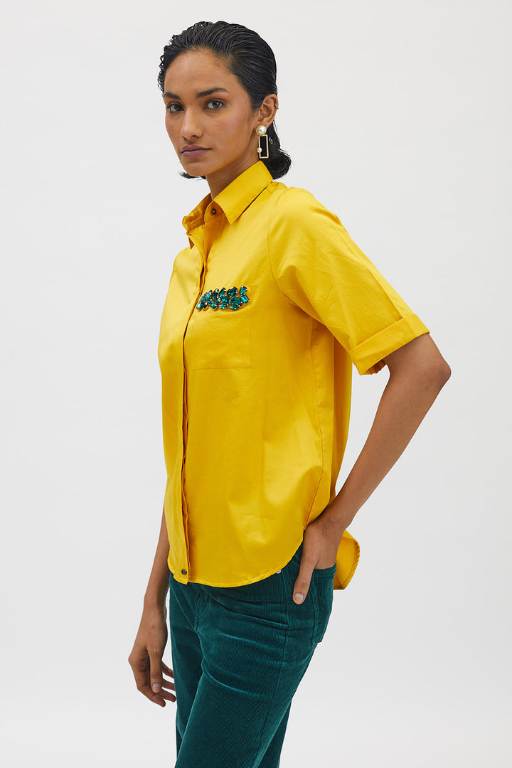 Canary Yellow Emerald Pocket Swarovski Shirt