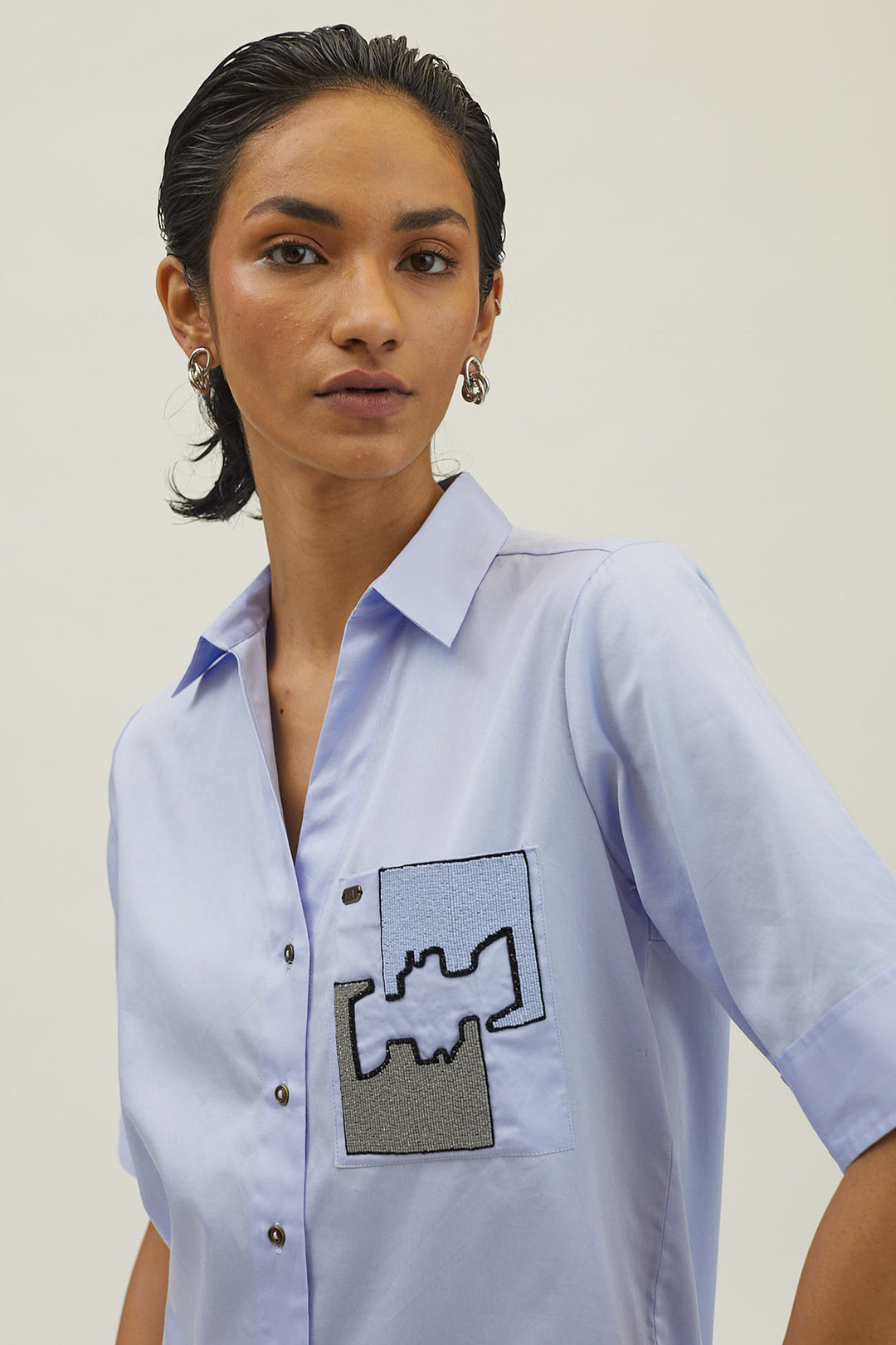 Sky Blue Puzzle Pop Embroidered Shirt