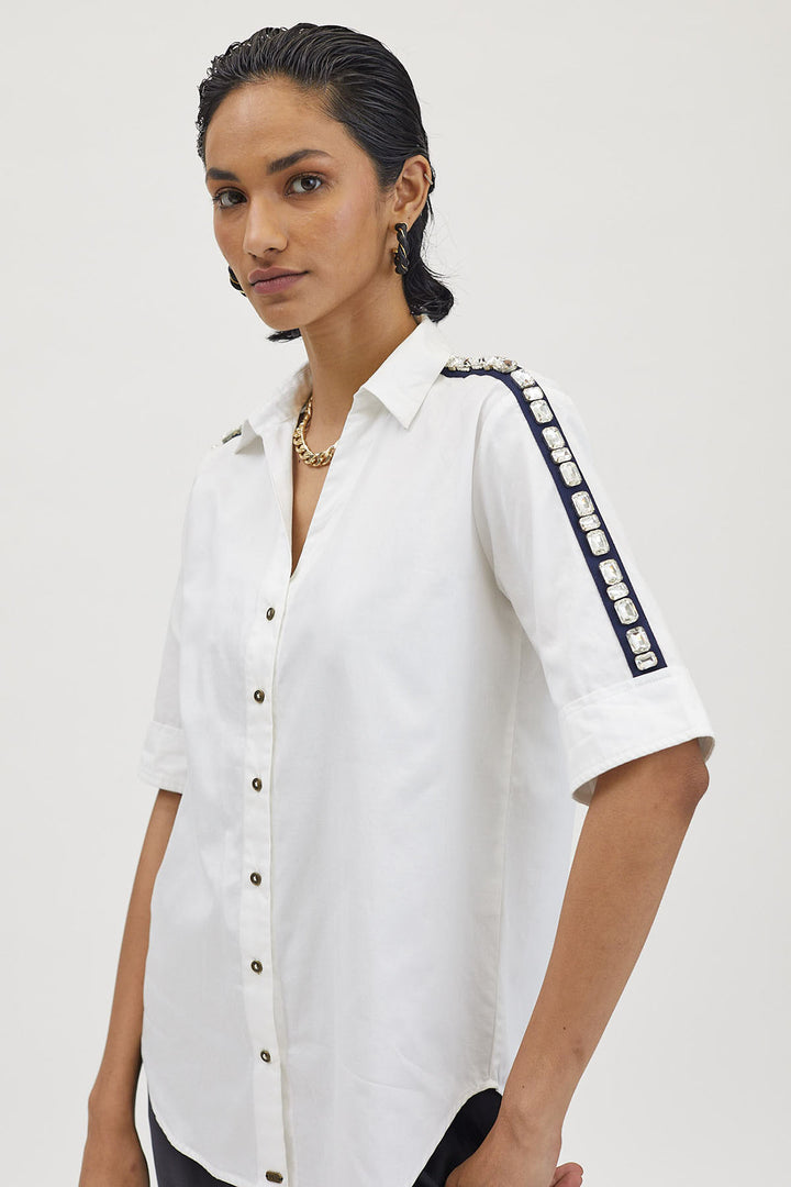 White Rectangle Swarovski Ribbon Shirt