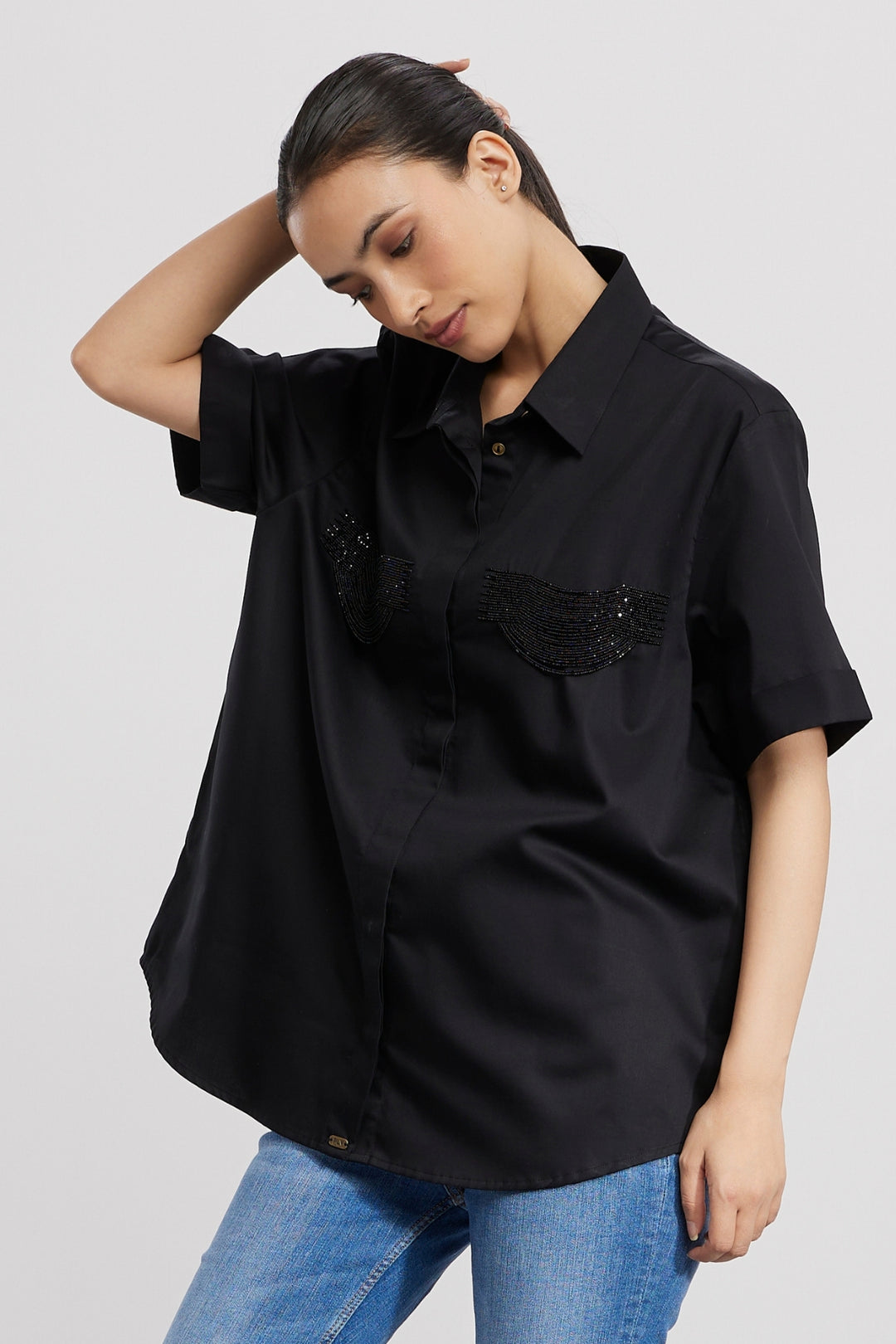 2 POCKET BLACK FRINGE SHIRT - PALLAVI SWADI  