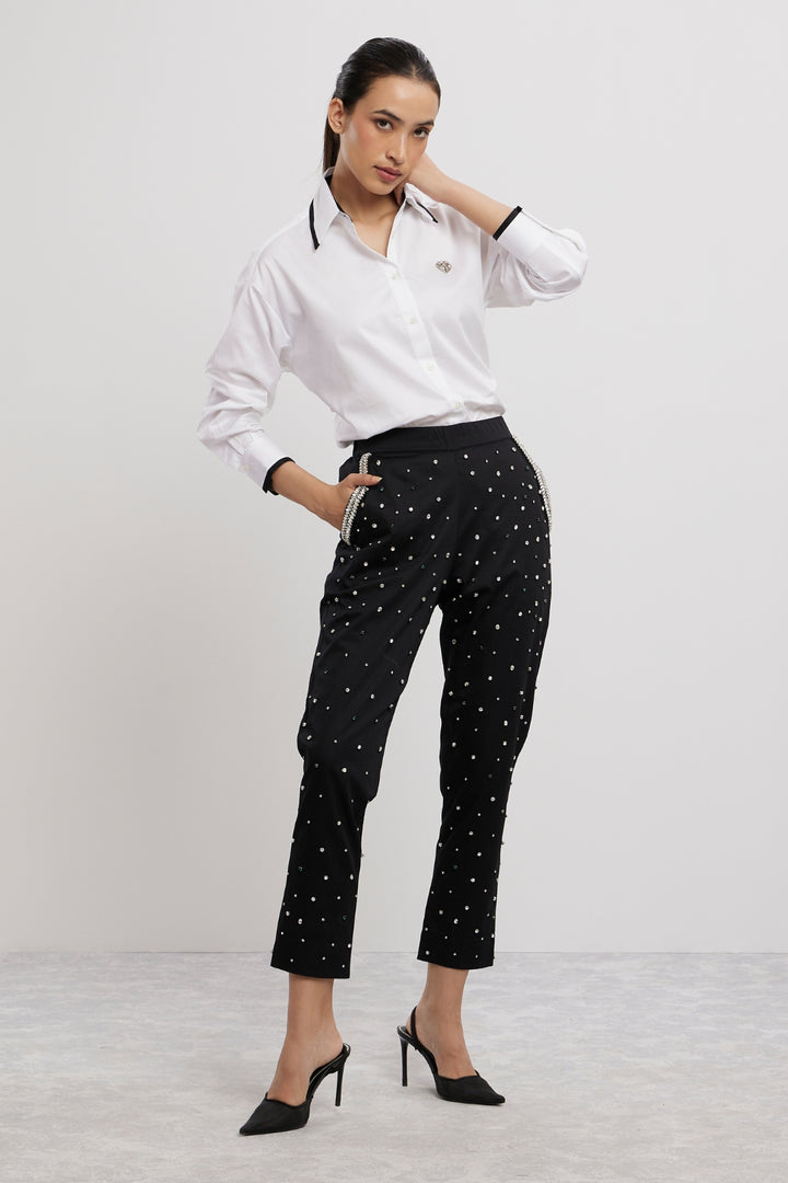 WHITE TUXEDO SMALL SWAROVSKI HEART SHIRT WITH SWAROVSKI PANTS - PALLAVI SWADI  