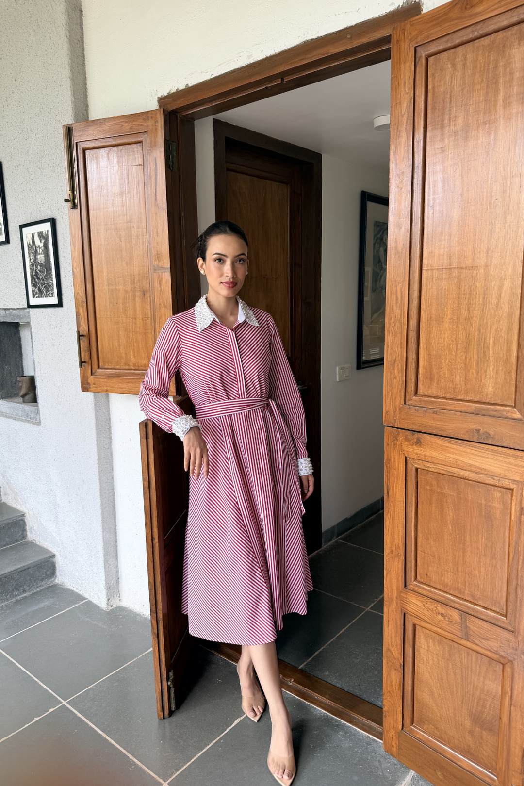 Red Stripe Embellished Collar Cuff Dress
