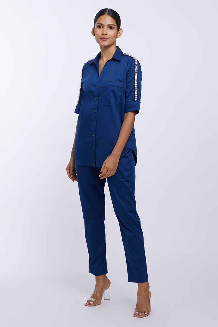 Mid Night Blue Rectangle Swarovski Ribbon Shirt