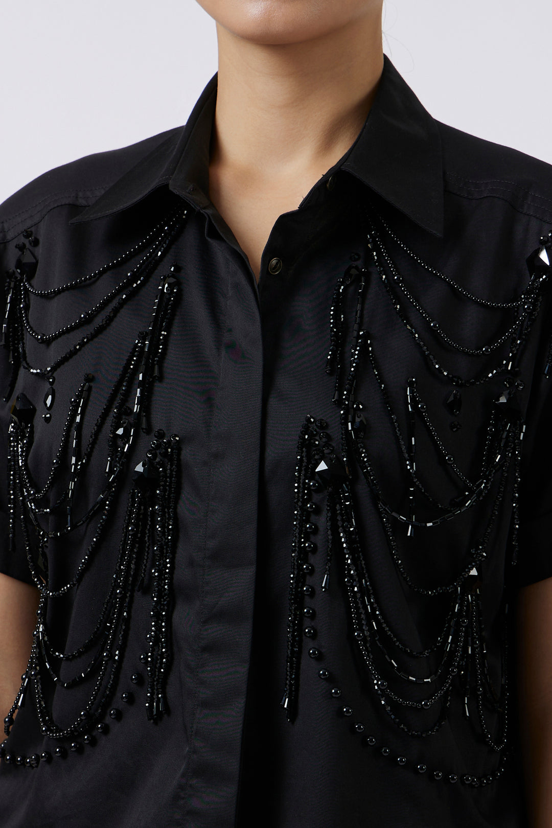 BLACK FRINGE CROP SHIRT