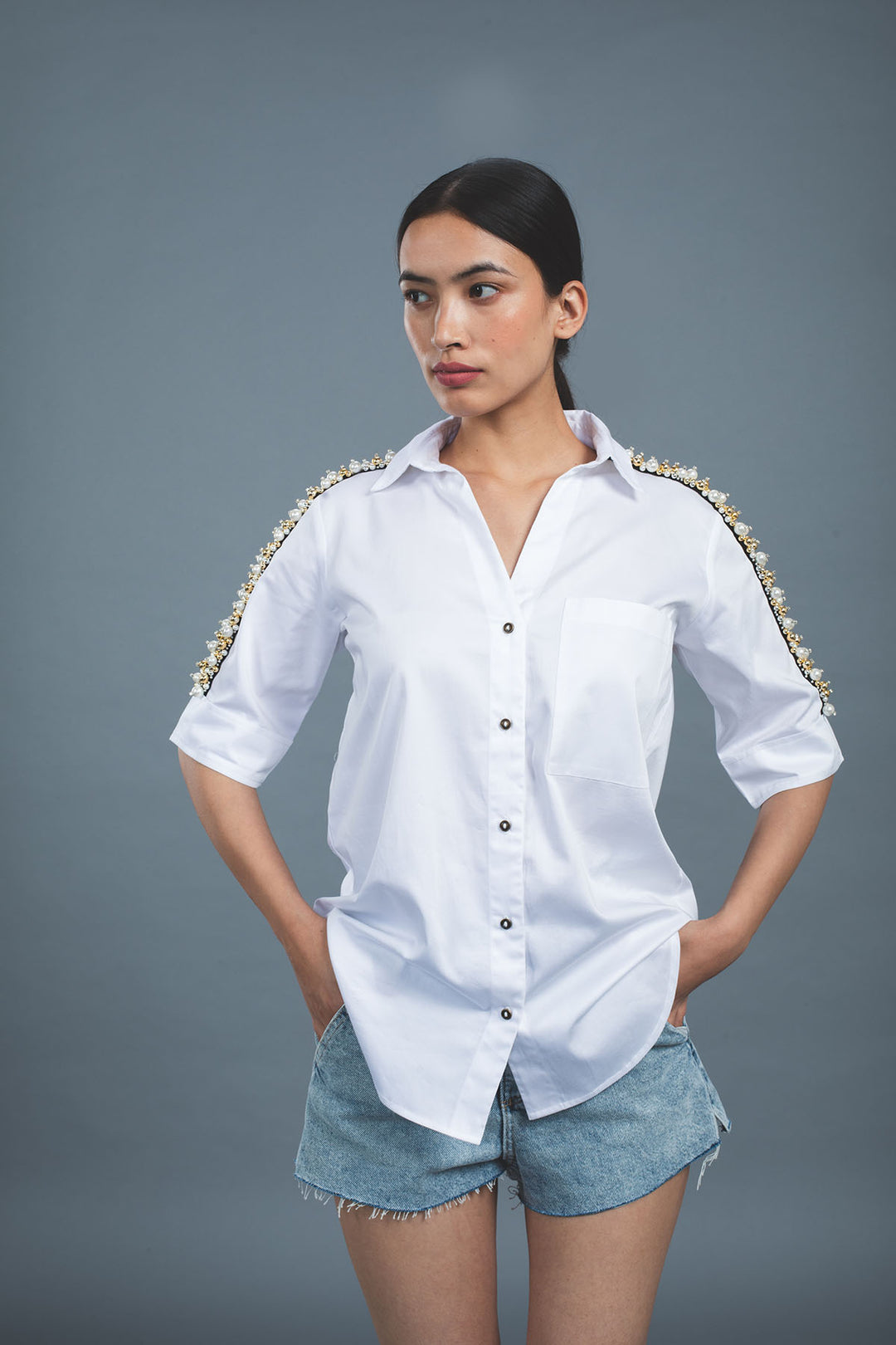 White Audrey Pearl Ribbon Shirt