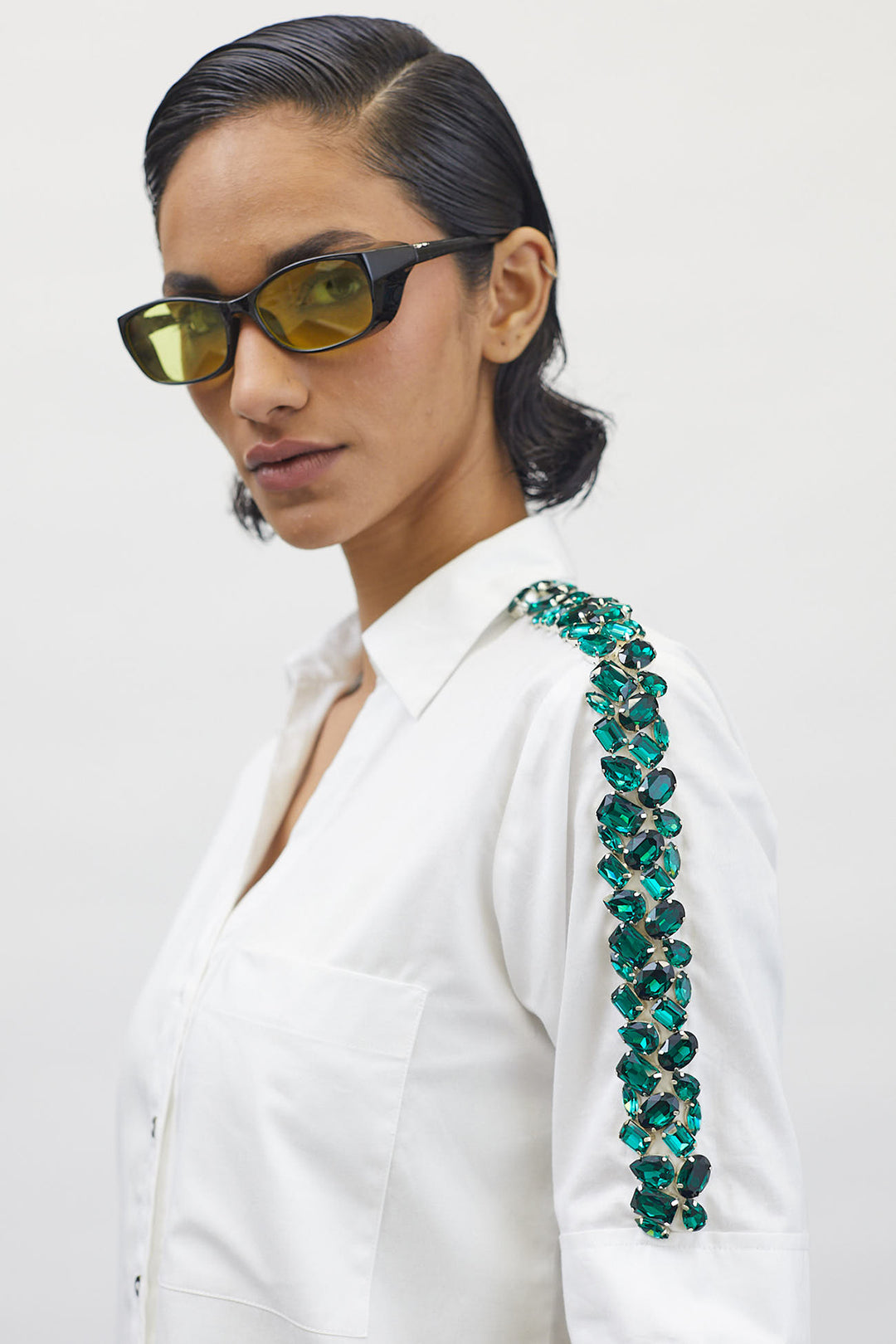 White Swarovski Emerald Ribbon Shirt