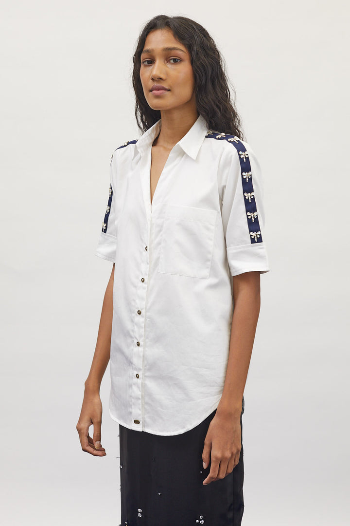 White Dragonfly Crystal Ribbon Shirt