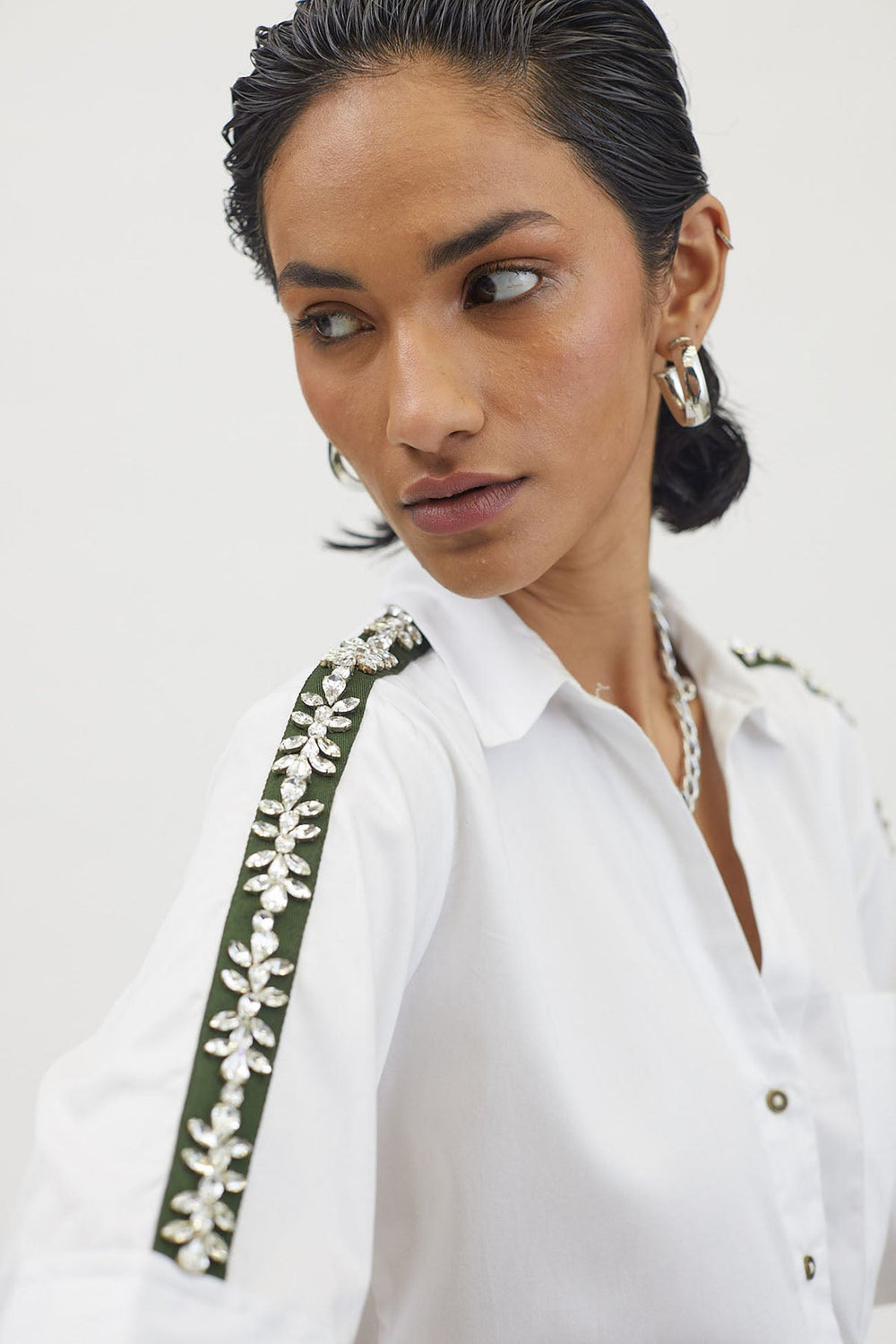 White Flower Crystal Ribbon Shirt - PALLAVI SWADI  