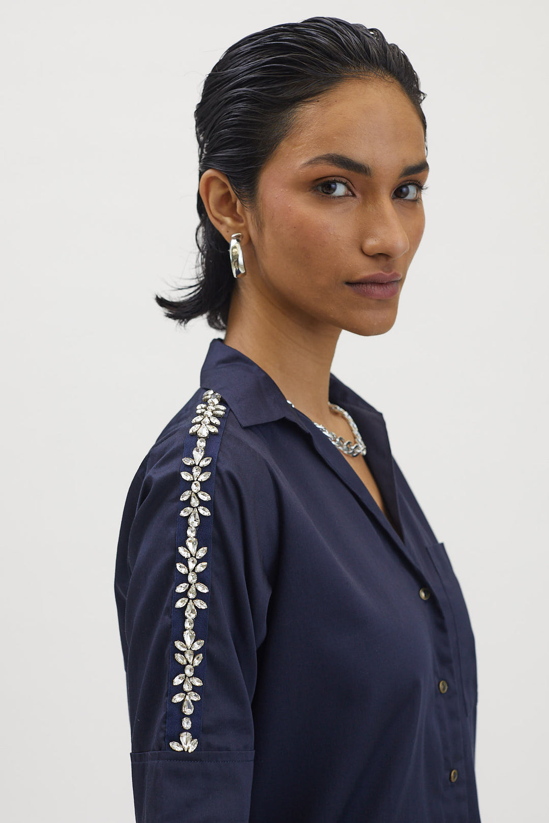 Navy Flower Crystal Ribbon Shirt