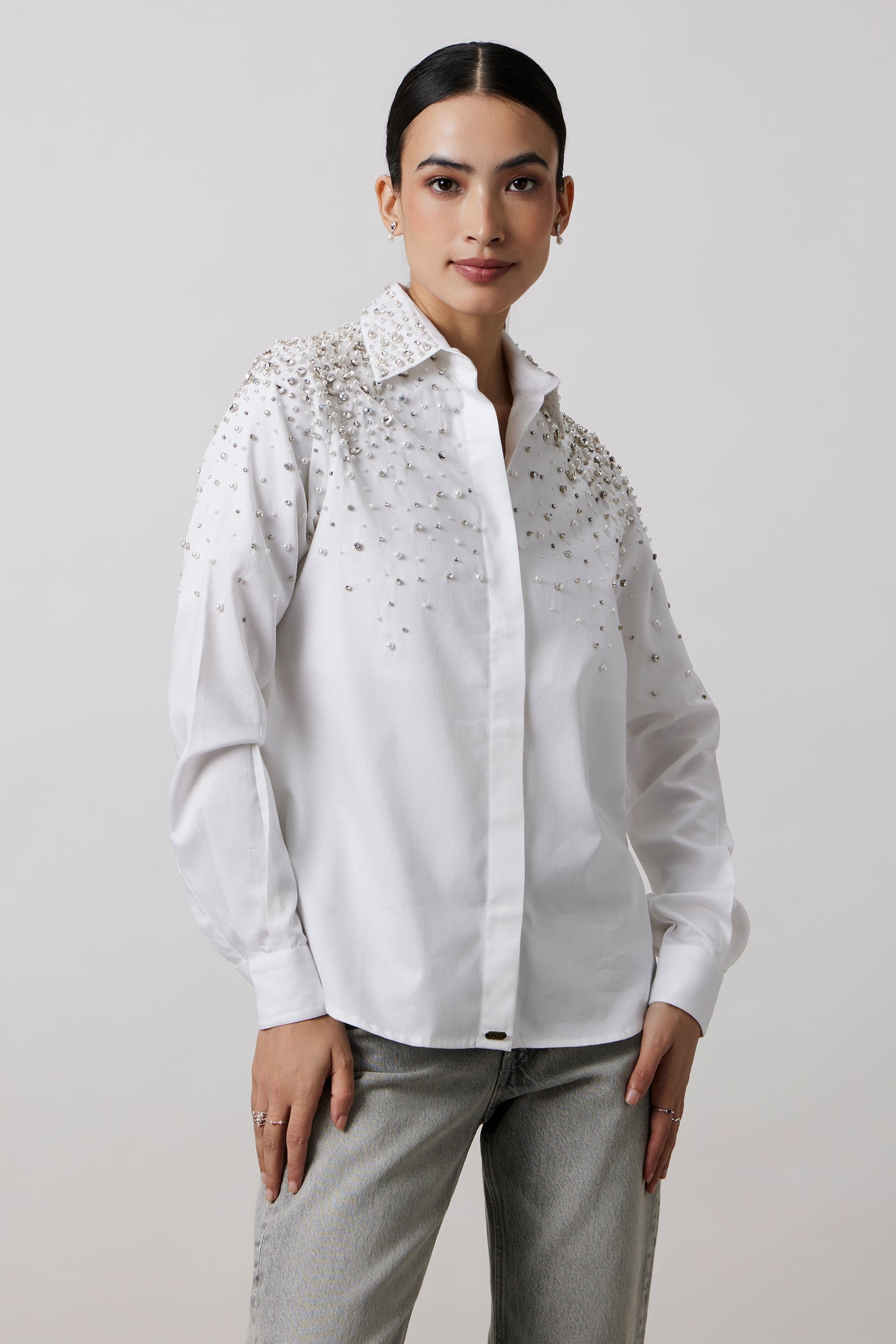 White Encrusted Pearl Swarovski Shirt