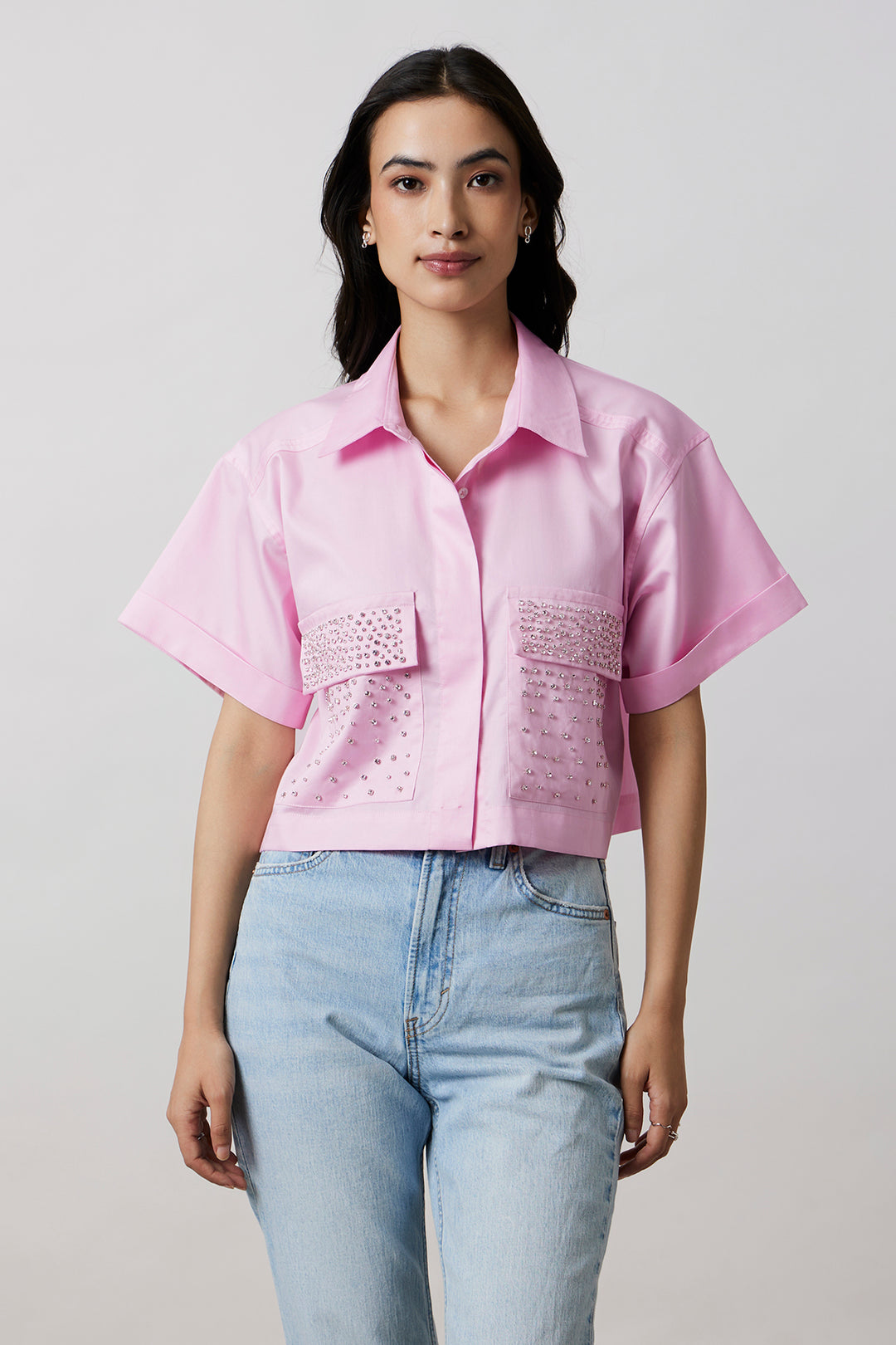 Pastel Pink Crop Shirt with Swarovski Studs