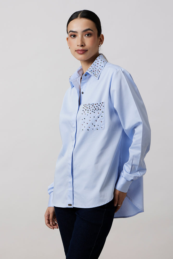 Sky Blue Multicolour Swarovski Studs Full Sleeve Shirt