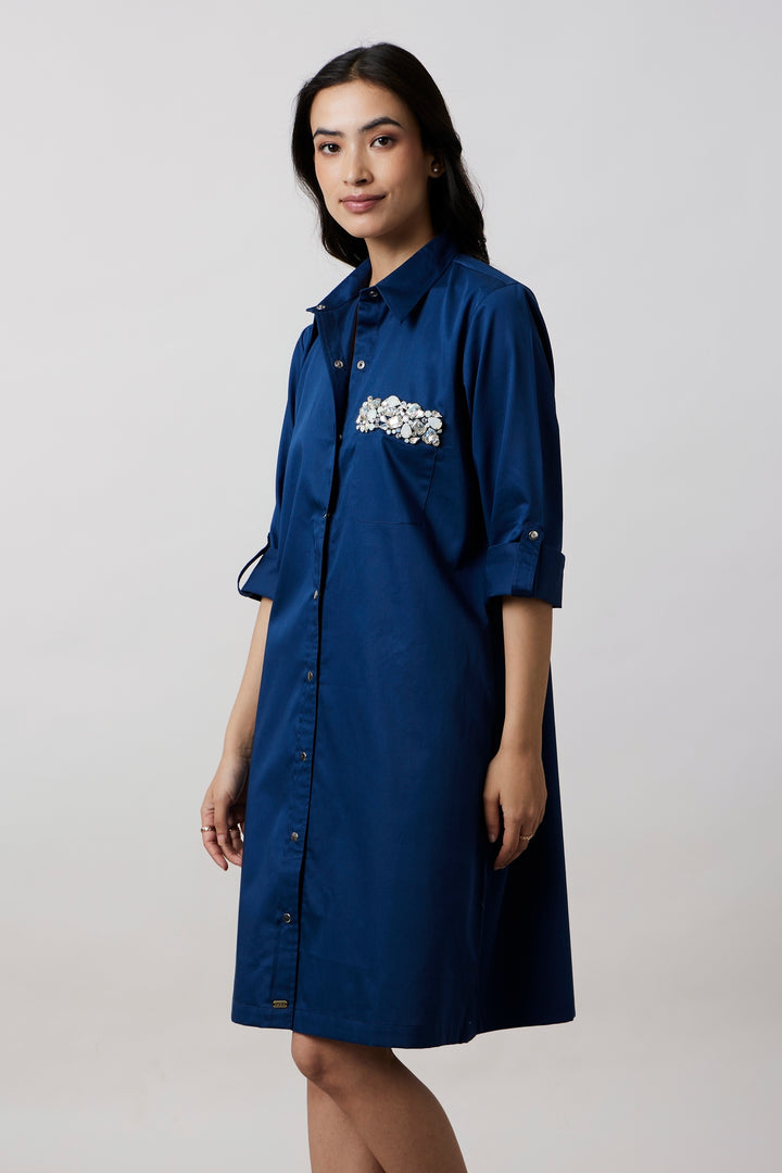 Midnight Blue Pocket Swarovski Shirt Dress