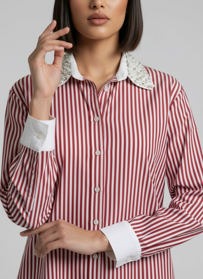 Red Stripe Crystal Pearl Collar Shirt