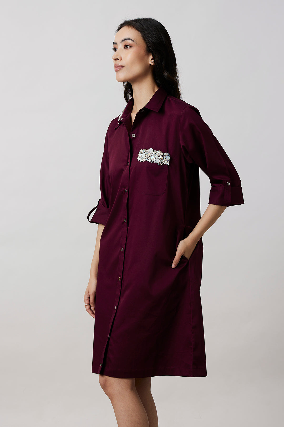 Burgundy Collar Pocket Swarovski Shirt Dress