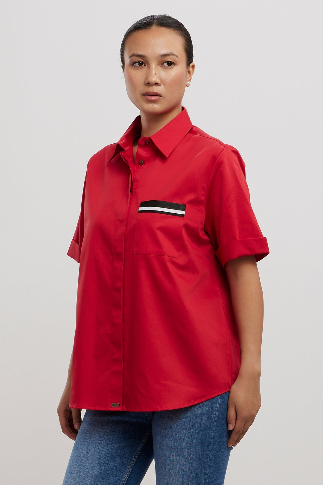 CLASSIC RED SHIRT WITH BLACK POCKET RIBBON - PALLAVI SWADI  