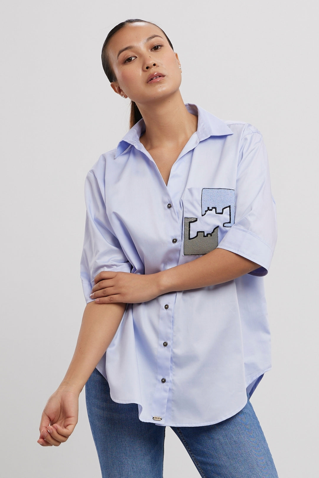 Sky Blue Puzzle Pop Embroidered Shirt - PALLAVI SWADI  