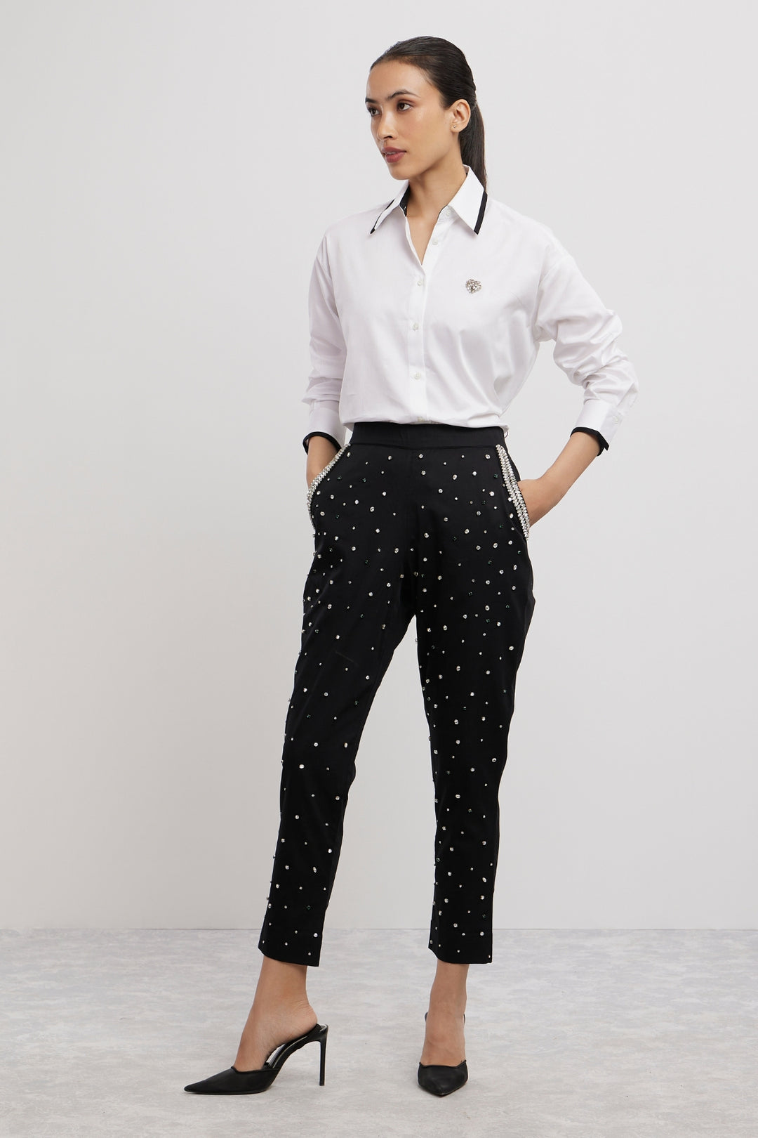 WHITE TUXEDO SMALL SWAROVSKI HEART SHIRT WITH SWAROVSKI PANTS - PALLAVI SWADI  