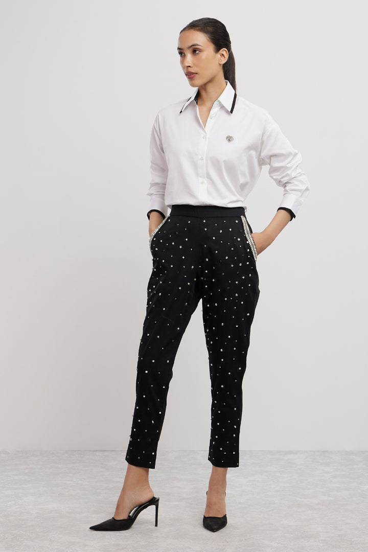 WHITE TUXEDO SMALL SWAROVSKI HEART SHIRT WITH SWAROVSKI PANTS - PALLAVI SWADI  